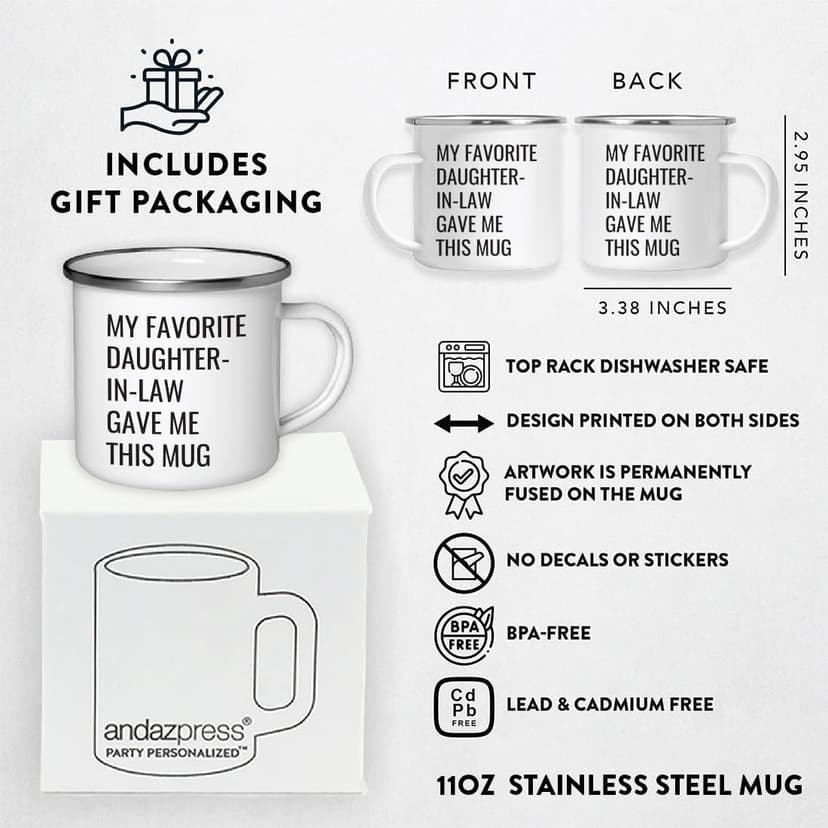 Andaz Press Funny 11oz. Stainless Steel Campfire Coffee Mug, My Favorite Daughter-in-Law Gave Me This Mug, 1-Pack, Enamel Camp Birthday Christmas Cup Father In Law Gift Mother In Law Gift B07VRQ4XHF