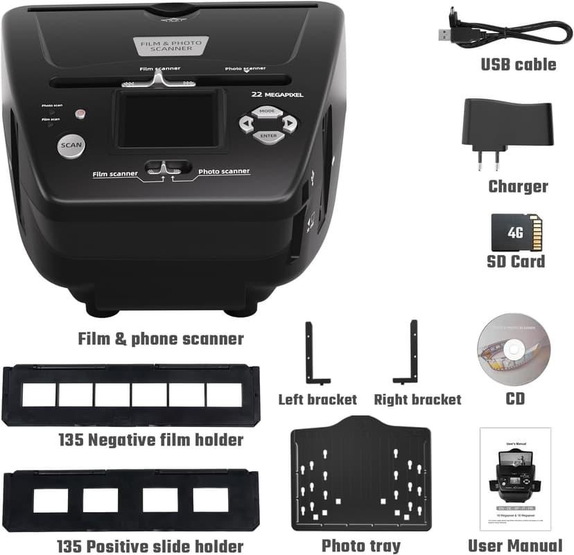 Photo and Slide Scanner with 2.4” LCD Screen, Convert Negatives & Slides 35mm/135 Film, Photo(3R,4R,5R), Business Card to 22MP JPEG Digital Photos, 4GB SD Card Included