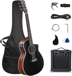 GLARRY 36in Acoustic Electric Guitar Beginner Kit with 15W Amp, 5-band EQ Dreadnought Design 6 Strings Electric Acoustic Guitar with Bag, Strap, Picks, Strings, Wrench (Black)
