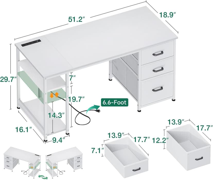 AODK 51 Inch Computer Desk with Drawers & USB Power Outlets - Reversible Home Office Desk with Storage Shelves, Work from Home, Modern Work/Writing/Study Table for Bedroom, White