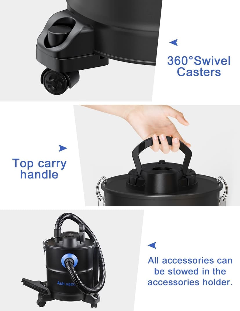 Oragerju Ash Vacuum, Pellet Stove Vacuum Cleaner, 5.3 Gallon, 20kPa, 1200W Powerful Motor with Blower Function, On Wheels and HEPA Filter, The Ash Vacuum for Pellet Stoves & Wood Stoves