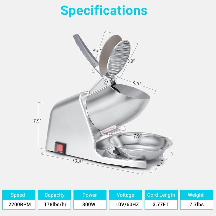 Electric Ice Shaver Machine, Dual Blade &178 lbs/hr | 300W Ice Crusher for Home Use and Commercial, Shaved Ice Machine, Ice Grinder, Ice Pick & Extra Blades, ETL-Listed, Silver