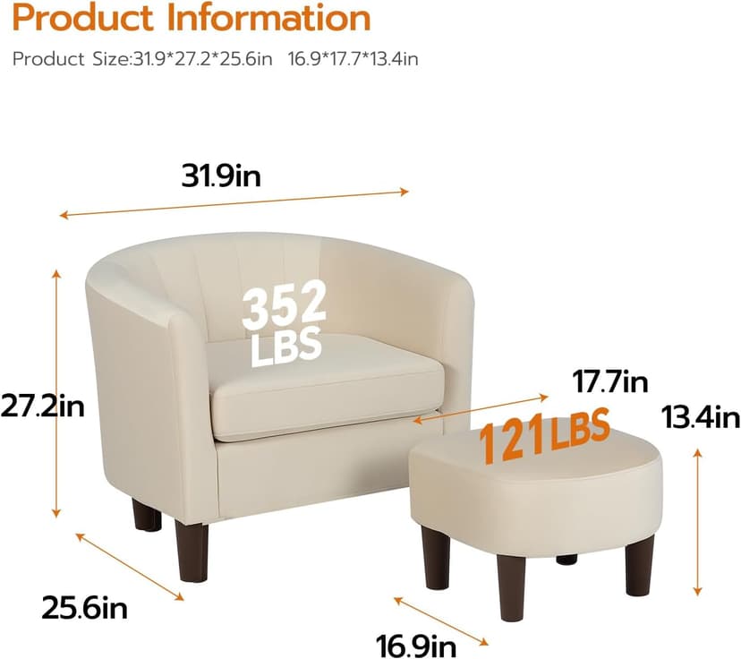 FDW Velvet Barrel Accent Chair with Ottoman, Modern Armchair with Ottoman Set, Comfortable Reading Chair for Living Room, Bedroom & Apartment Lounge, Beige