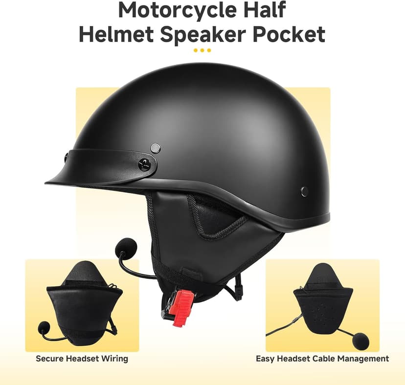 Moman HEB Half Helmet Speaker Pockets, Ear Pads for Motorcycle Helmet Headset Motorbike Headphone Helmet with Narrow or Wide Straps Blocks Wind Noise & Cold