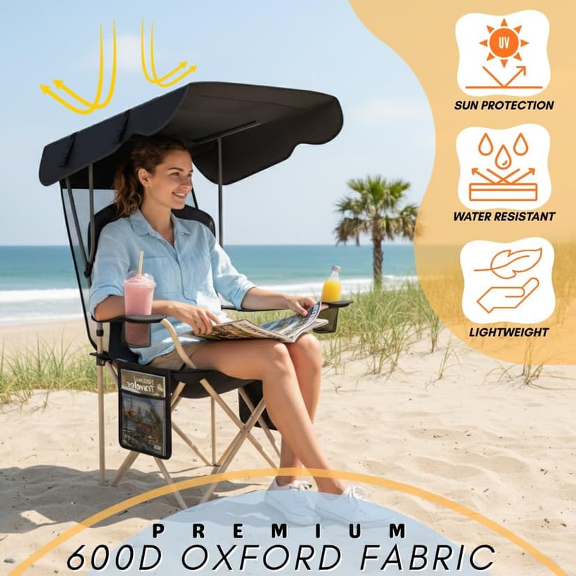 Portable Folding Camping Chairs with Canopy Shade, Beach Chair for Adults, Durable Weather Resistant 600D Oxford Cloth, Camping Chair with Canopy for Outdoors [Black]