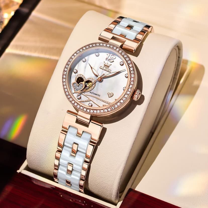 OLEVS Womens Watches Automatic Luxury Dress Ladies Watch Ceramic Strap Rose Gold Self Winding Female Wrist Watch