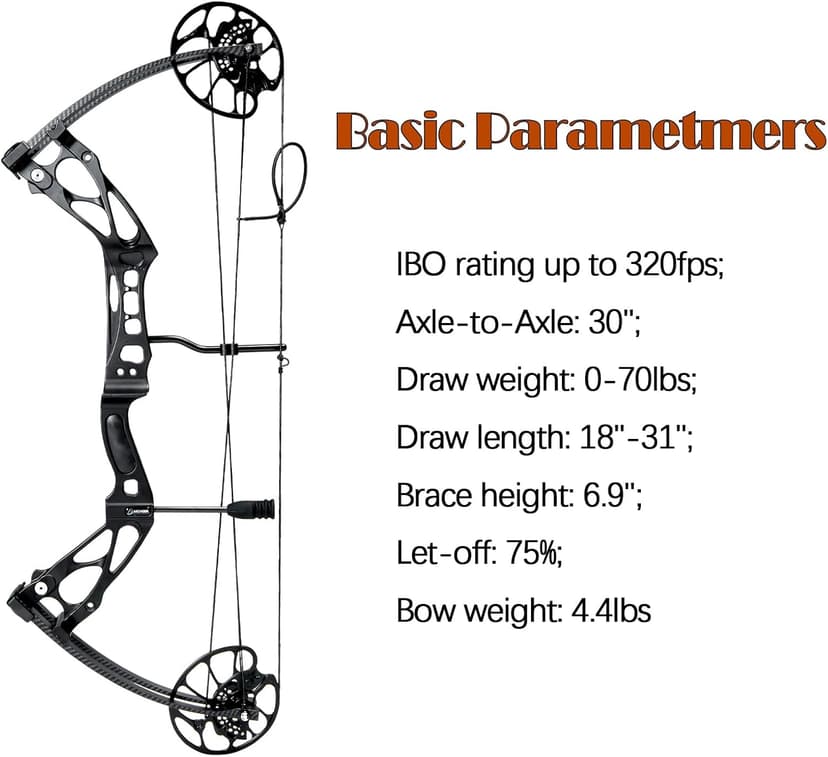 Compound Bow and Arrow Set 30-70 lbs for Adult, Adjustable Hunting Compound Bow Archery with Limbs Made in USA, Right Hand, 18”-31”, up to IBO 320 fps