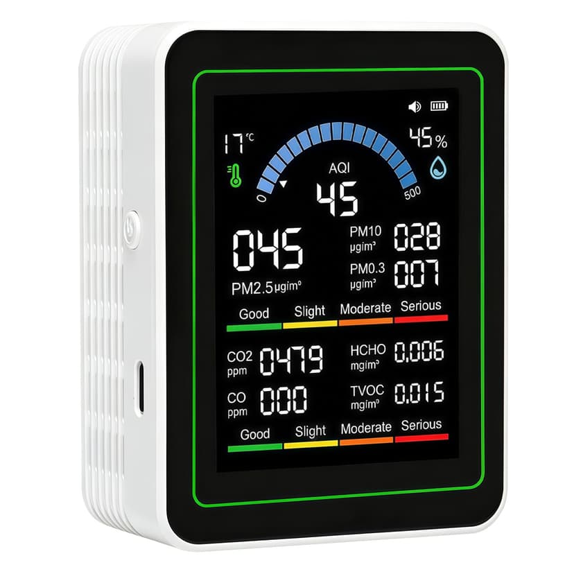 10 in 1 Indoor Air Quality Monitor, Portable Smartair Indoor Air Quality Tester, Portable Real-Time Detector, with AQI Fit for Home Cars Hotel Plants and Pets-White