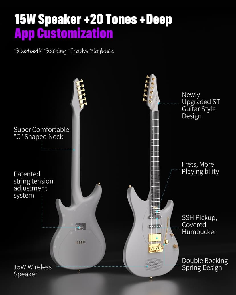 Enya Electric Guitar Inspire 39" Smart Electric Carbon Fiber Guitarra with 15W Wireless Speaker, 20 Distinct Tones, Onboard Presets, Charging Cable, Adjusting Wrench, and Gig Bag