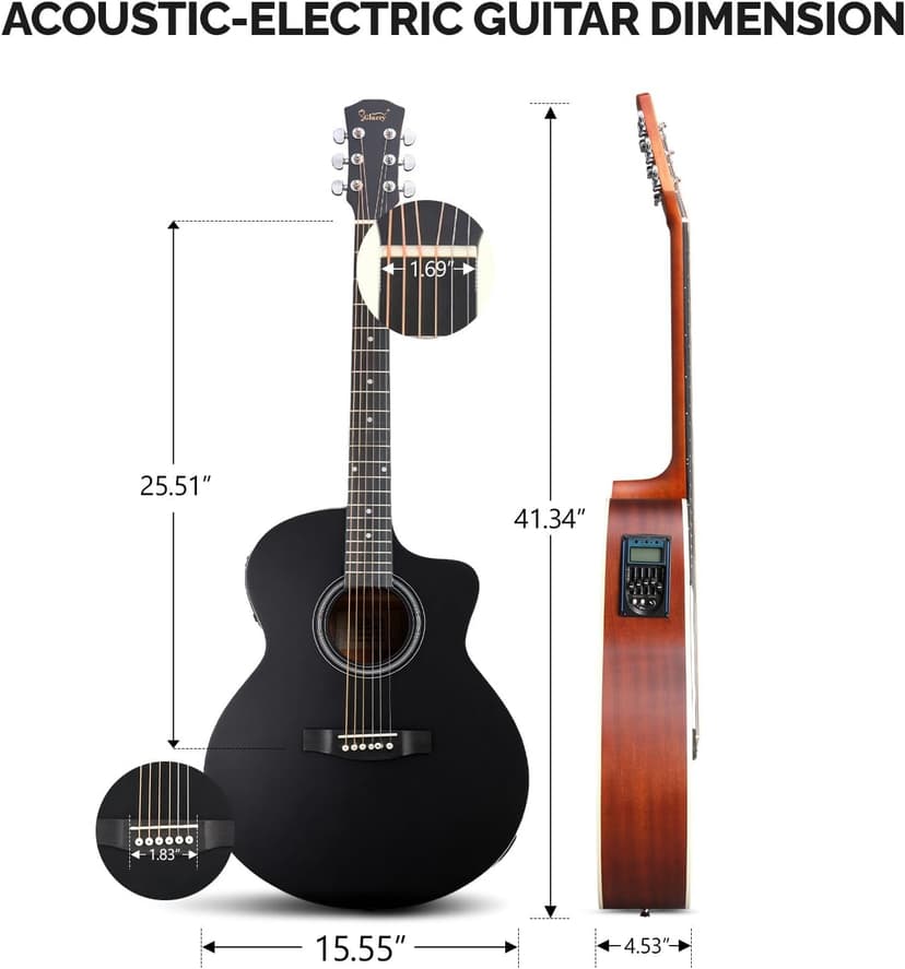 GLARRY 41in Full Size Acoustic Electric Guitar Beginner Kit with 15W Amp, 5-band EQ Cutway Design 6 Strings Electric Acoustic Guitar with Bag, Strap, Picks, Strings, Wrench (Black)