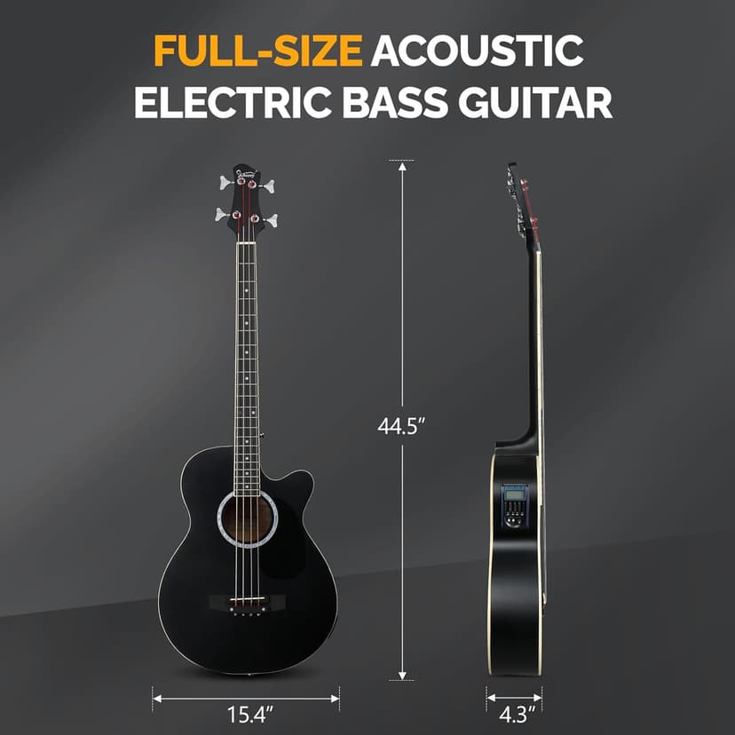 GLARRY Full Size Acoustic Electric Bass Guitar Beginner Kit w/ 15W Amp, Cutaway 4 Strings Electric Acoustic Bass Guitar w/Inbuilt Tuner, Bag, Strap, Picks, Strings, Bass Guitarra，Matte Black