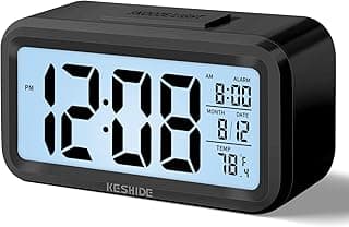 KESHIDE Digital Alarm Clock Battery Operated with Indoor Temperature, Desk Small Clock,Snooze Model,12/24H Display for Bedrooms Heavy Sleepers Kids Travel Bathroom (Black)