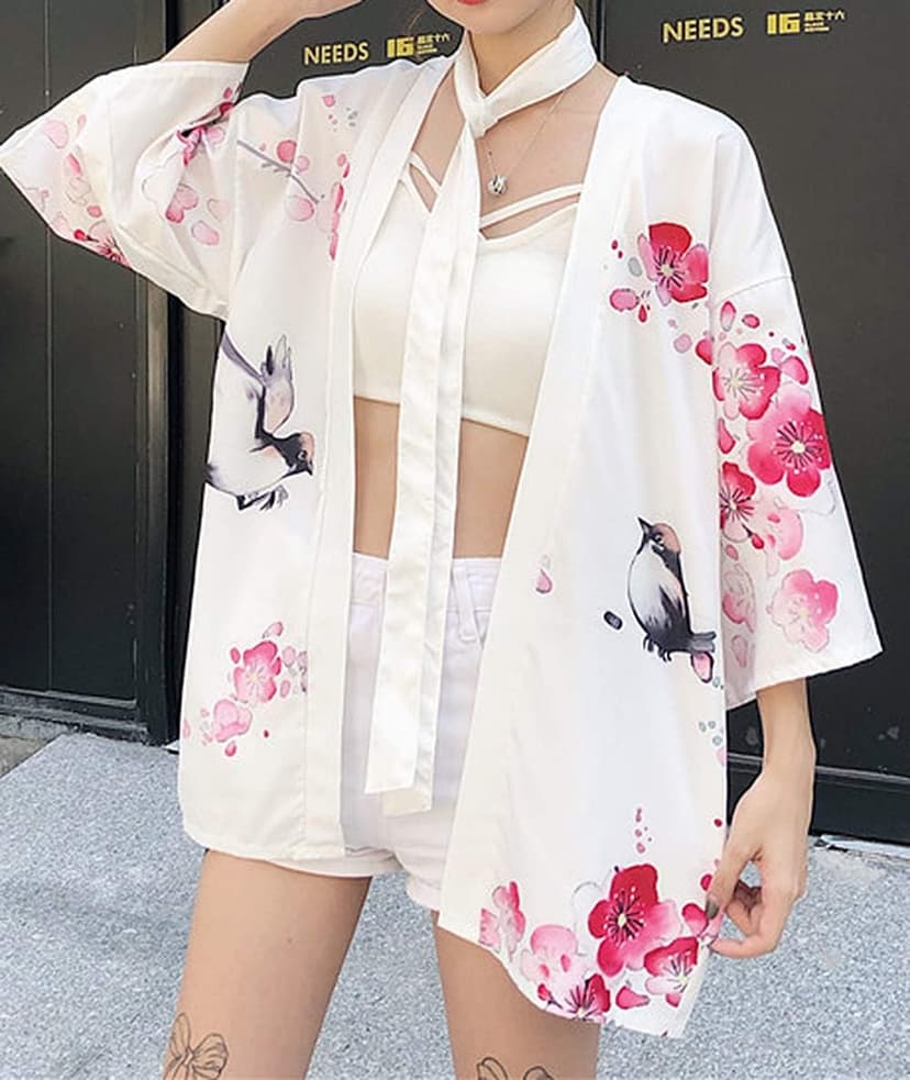 LAI MENG FIVE CATS Women's Floral Print Puff Sleeve Loose Blouse Japanese Kimono Cover up Casual Cute Tops