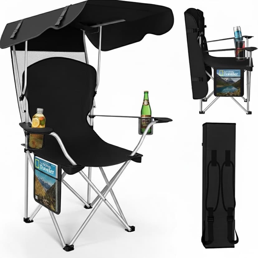 Portable Folding Camping Chairs with Canopy Shade, Beach Chair for Adults, Durable Weather Resistant 600D Oxford Cloth, Camping Chair with Canopy for Outdoors [Black]