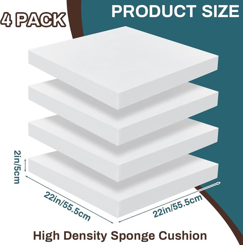 Frienda 4 Pack 2" x 22" x 22" Upholstery High Density Foam Cushion Seat Replacement Square Cut to Size Foam Couch for Patio Furniture Commercial Dinning Chair Couches Benches Padding DIY Projects