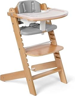 Cowiewie 3-in-1 Convertible Natural Wooden High Chair for Babies & Toddlers 3-Tier Remove & 2 Adjustable Wood Tray & 8 Levels Adjustable, 2 Waterproof Cozy Cushions Grey