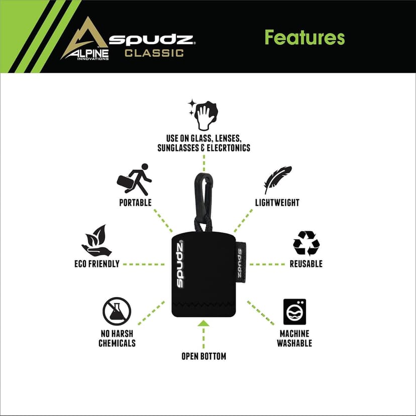 SPUDZ Classic Microfiber Lens Cleaner – Clip-On Pouch, Washable – for Binoculars, Scopes, Glasses, Screens | Black, 6 x 6 Inch