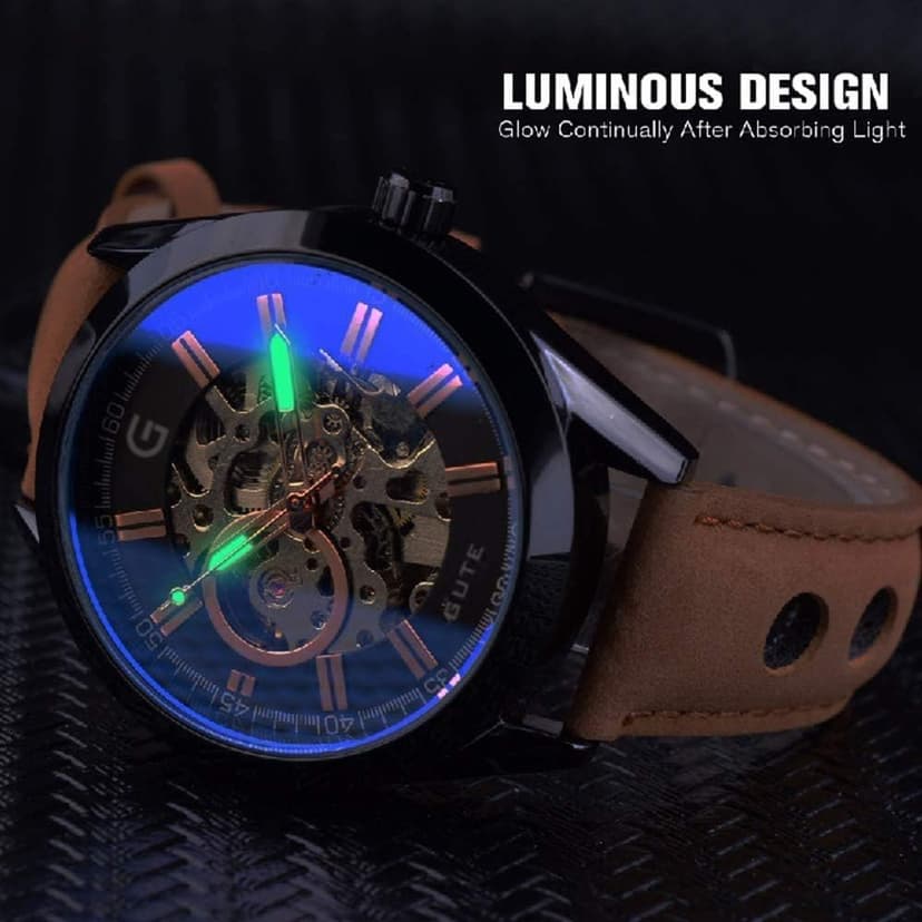 GLEIM Gute Mens Watches, Mechanical Skeleton Automatic Self-Winding Steampunk Watch for Men, Casual Clock Brown Leather Wrist Watch