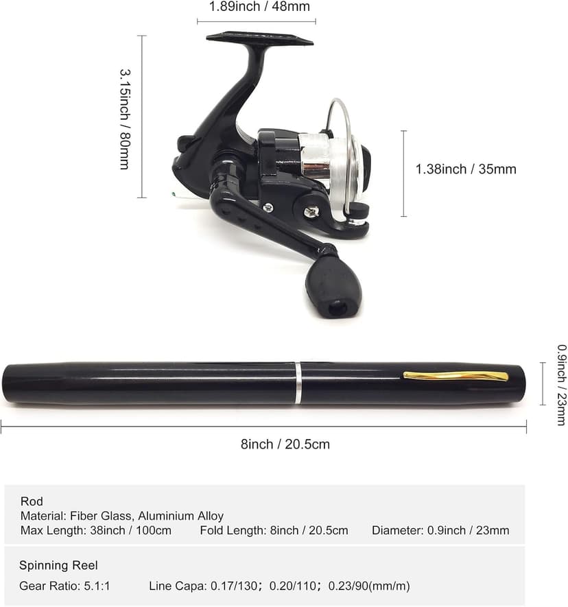 Portable Small Pen Fishing Rod Spinning Reel Combos, 38" 55" Compact Telescopic Fish Pole Kits for All Season Fishing in Rivers, Lakes, Ice, etc.