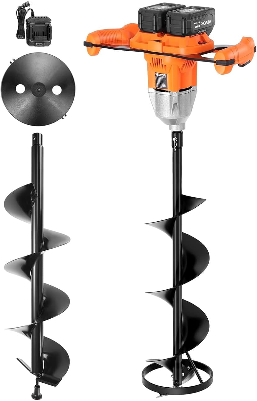 VEVOR 20V/40V Electric Ice Auger, 8 inch Diameter, 2 in 1 Battery Powered Ice Fishing Augers and Earth Auger Combo with Top Plate, Turbo High-Speed Cutting System and Blade Guard
