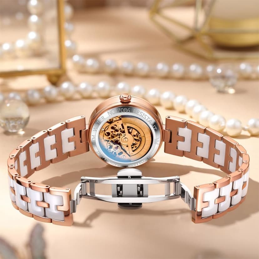 OLEVS Womens Watches Automatic Luxury Dress Ladies Watch Ceramic Strap Rose Gold Self Winding Female Wrist Watch