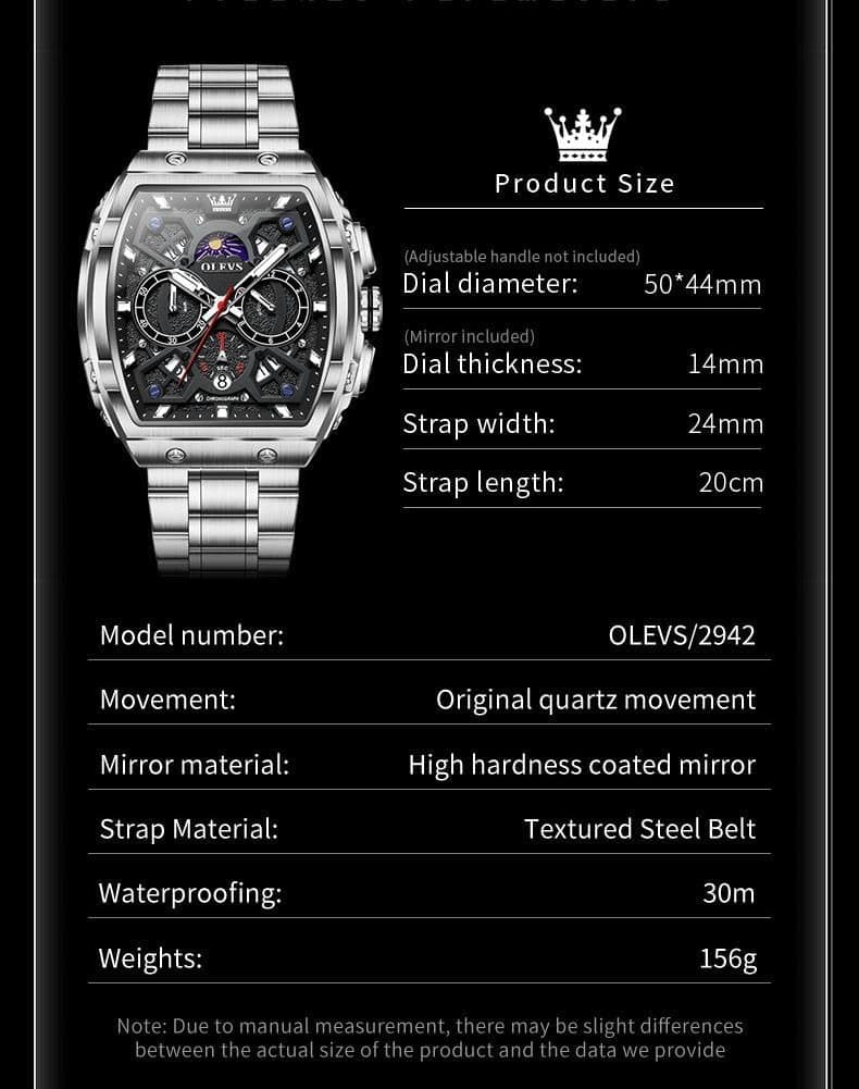 OLEVS Watches for Men Analog Quartz Luxury Diamond Waterproof Chronograph Stainless Steel Big Face Square Date Moon Phase Roman Numeral Dress Watch for Men