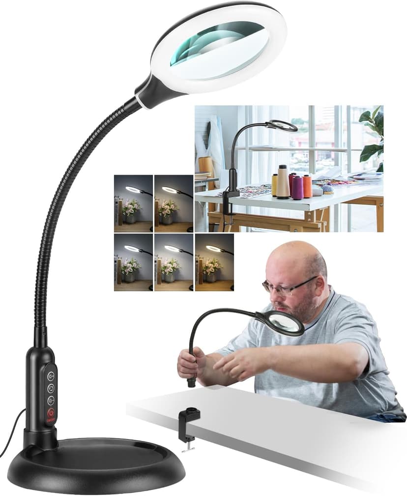 12X Magnifying Glass with Light and Stand, Real Glass, LED 5 Color Modes, Brightness Stepless Dimming Lighted Magnifier Hands Free with Flexible Gooseneck Desk Clamp Lamp for Close Work, Craft, Hobby B0DC3KH6XY