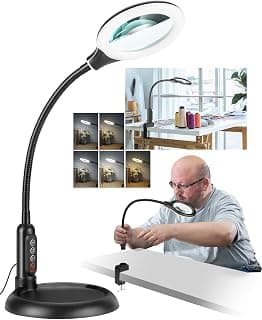 12X Magnifying Glass with Light and Stand, Real Glass, LED 5 Color Modes, Brightness Stepless Dimming Lighted Magnifier Hands Free with Flexible Gooseneck Desk Clamp Lamp for Close Work, Craft, Hobby B0DC3KH6XY