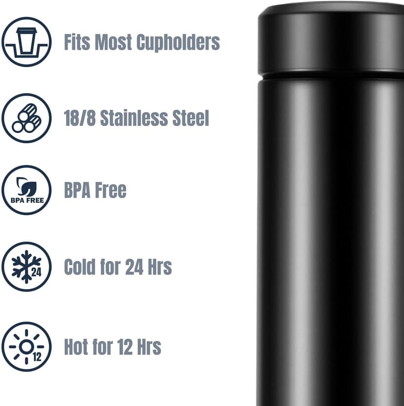 17oz Stainless Steel Water Bottles, Slim Water Bottle, Thermo Water Bottle, Insulated Water Bottle Keep Hot for 12 Hrs, Cold for 24 Hrs for Coffee, Drinks(Black)