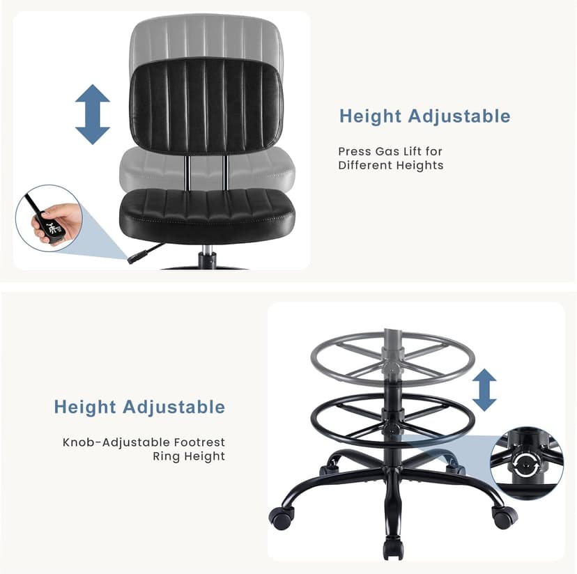 DUMOS Armless Drafting Chair, Low Back Office Seat with Adjustable Footrest Ring for Standing Desk, Ergonomic PU Leather Office Seating, Swivel Rolling High Stool for Studio, Lab, Counter, Black