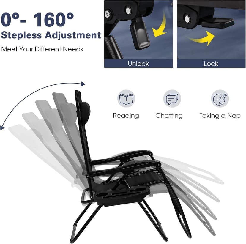 Goplus Zero Gravity Lounge Chairs, 160°Adjustable Folding Recliner w/Pillow and Cup Holder, 350LBS Comfy Outdoor Lounge Chairs for Patio, Lawn, Yard & Camp(1, Black)