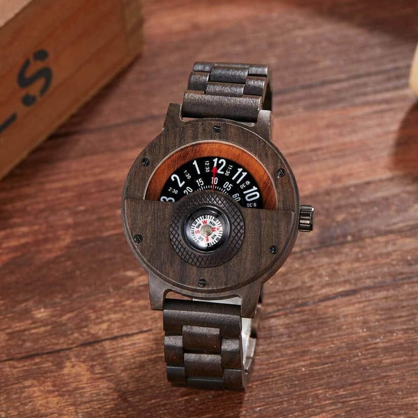 GORBEN Men's Handmade Wooden Watches Mens Lightweight Analog Quartz Wood Mens Wrist Watch with Compass