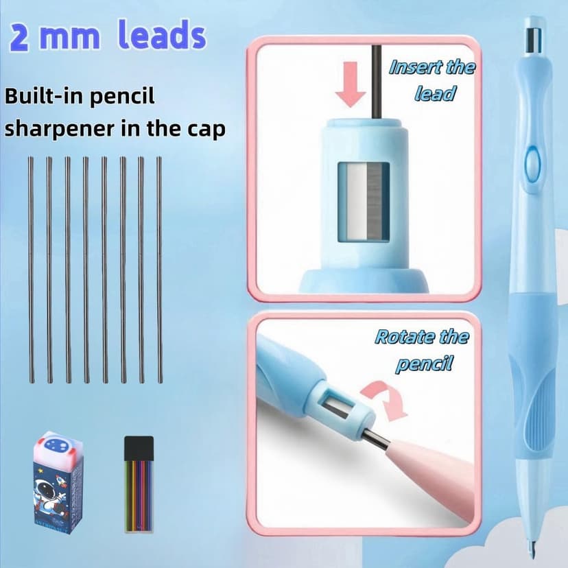 Handwriting thick mechanical pencils with grip: 2.0MM HB Pencil for kids with 14 leads (6 pack)