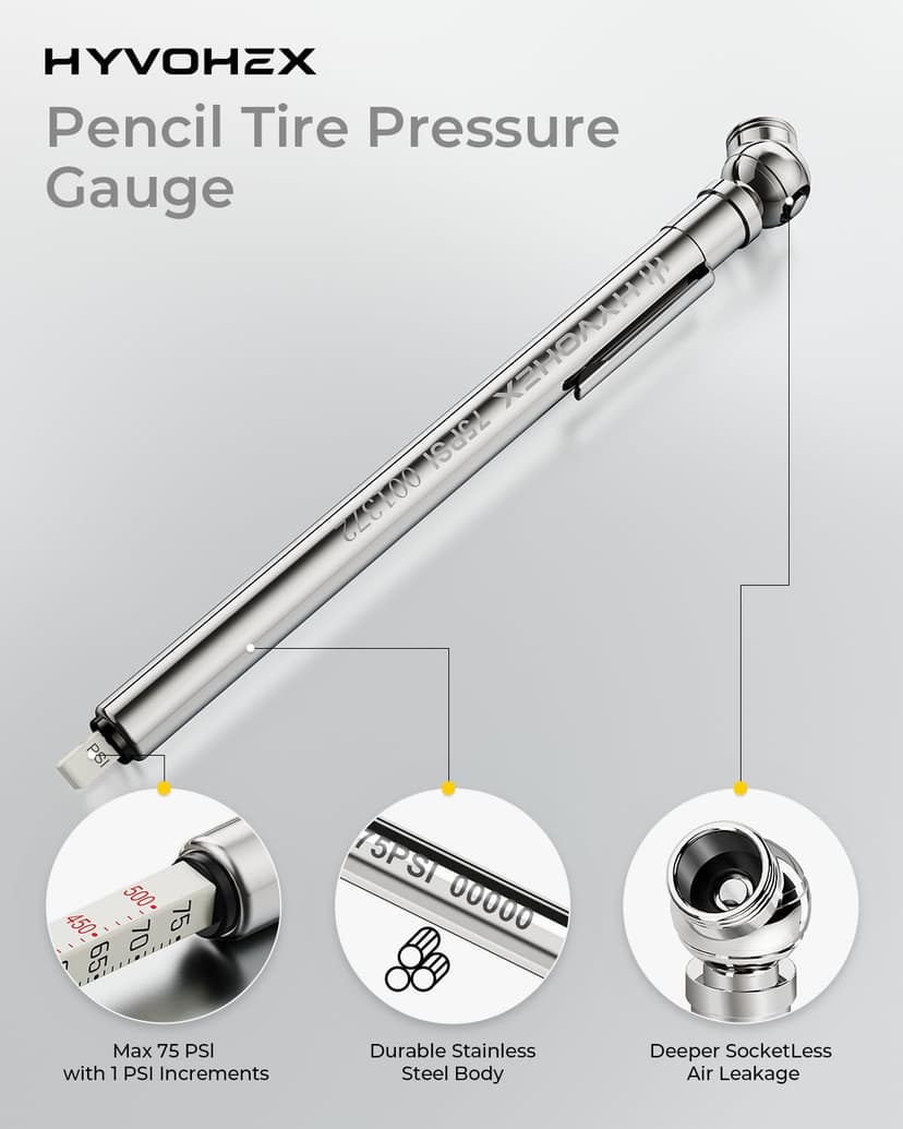 Pencil Tire Pressure Gauge 2 Pack with Valve Caps, Stainless Steel Body Tire Gauges for Tire Pressure with Deflator Valve, Metal Nozzle Tire Gauge for Cars, Pickups, RVs, Bicycles