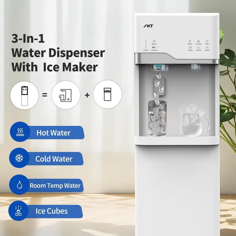 IKT 4-in-1 Hot/Cold Water Cooler with Ice Maker, 5 Gal, Bottom Load, Bullet Ice 22lbs Per Day Innovative Slim & Sleek Design for Home or Office White