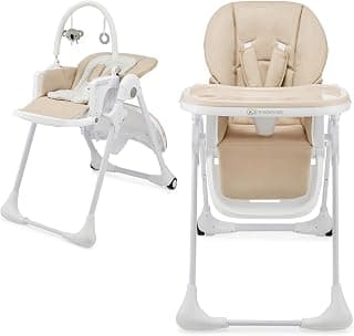Kinderkraft Tummie, 2-in-1 high Chair, Baby Chair, Ergonomic, Comfortable, Reclining, Foldable, with Ajustable Height, Footrest, Detachable Tray, for Toddler, with Toys, Beige