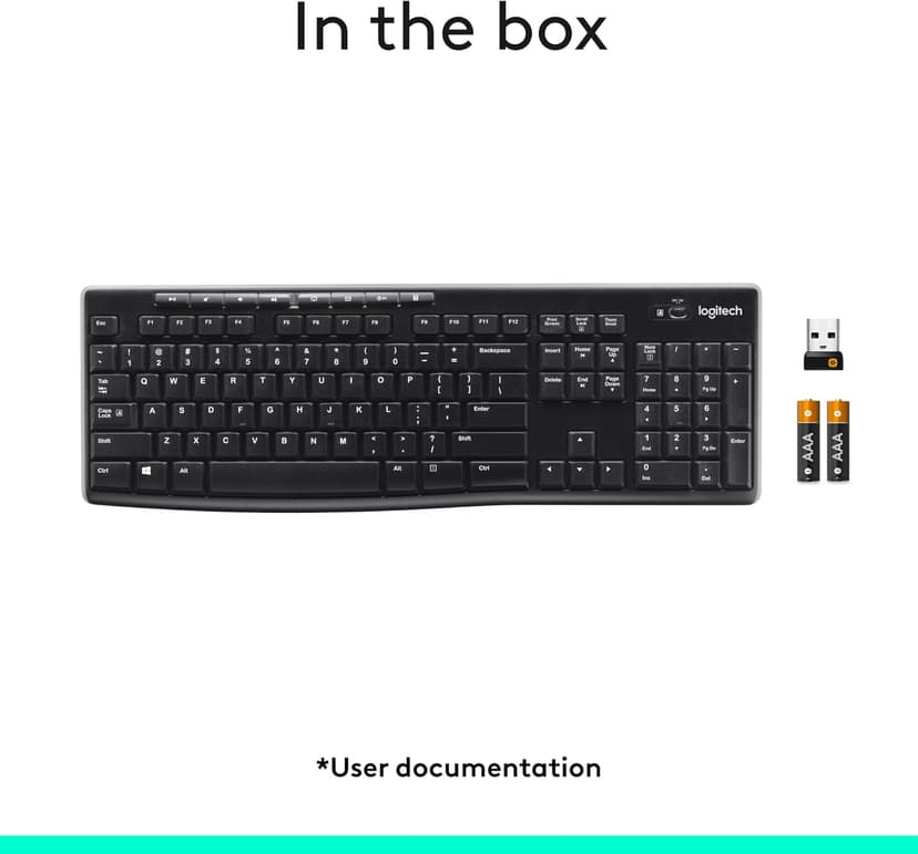 Logitech K270 Wireless Keyboard for Windows, 2.4 GHz Wireless, Full-Size, Number Pad, 8 Multimedia Keys, 2-Year Battery Life, Compatible with PC, Laptop, Black
