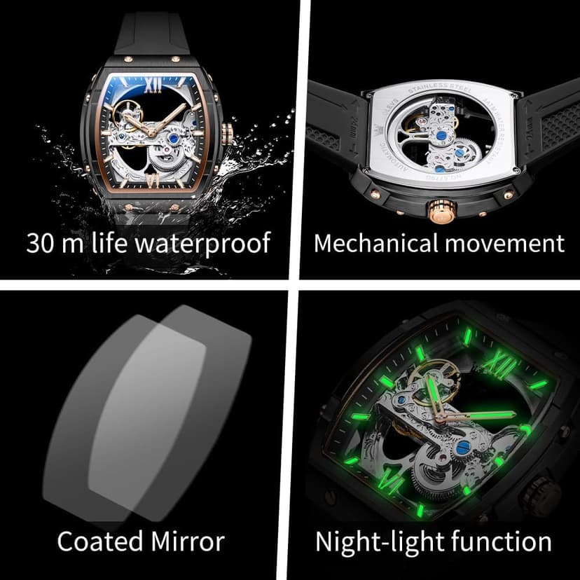 OLEVS Watch for Men Skeleton Automatic Tonneau Silicone Strap Business Luxury Waterproof Luminous Mechanical Men Wrist Watch
