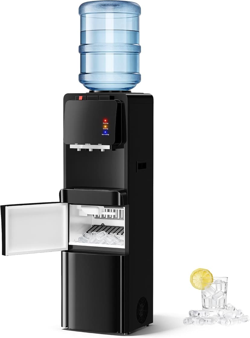 Tehanld Water Dispenser with Ice Maker, 4-in-1 Top Loading Water Cooler with Hot, Cold & Room Temp Water, 35lbs/Day Fast Ice Making, Child Safety Lock, Fits 2-5 Gallon Bottles for Home & Office