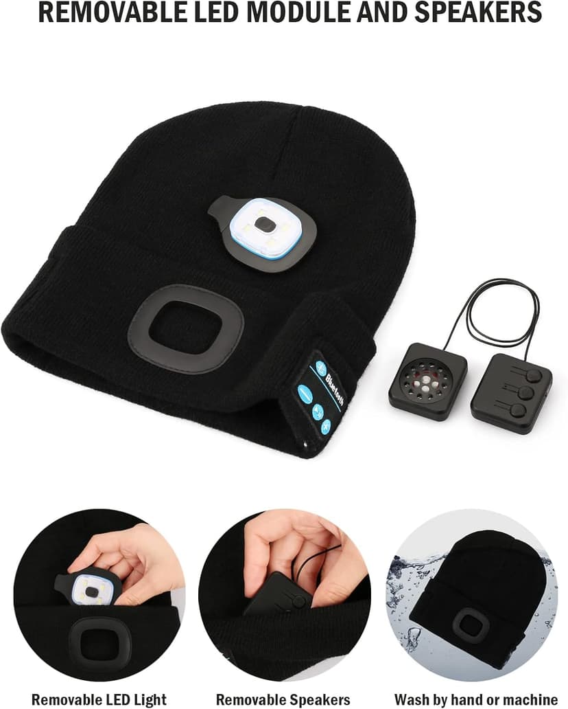 Bluetooth Hat with Light Cordless Headphones, USB Rechargeable, Hands-Free Headlamp For Dog Walking, Running, Outdoor Work Wmcaps Bluetooth Beanie with LED Light and Headphones, Christmas Tech Gifts B09DJVT3W3