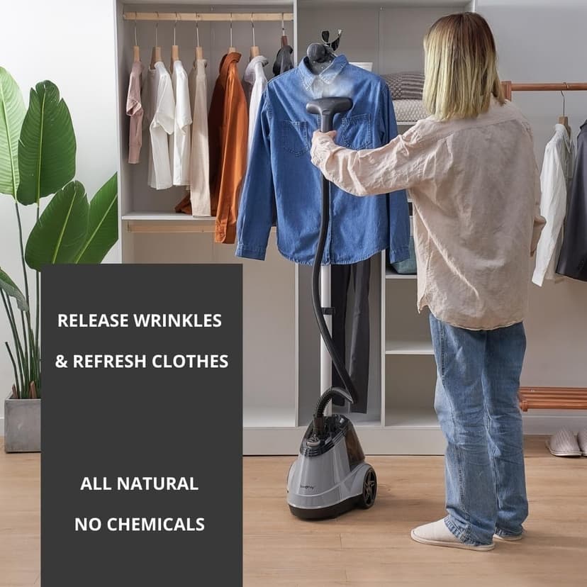 True & Tidy Heavy Duty Commercial Full Size Standing Garment Steamer for Clothes with Extra Large 2.9L (98 oz) Water Tank for 90+ mins of Steam Time, 1800 watts of Powerful Steam, 3 Settings, Gray