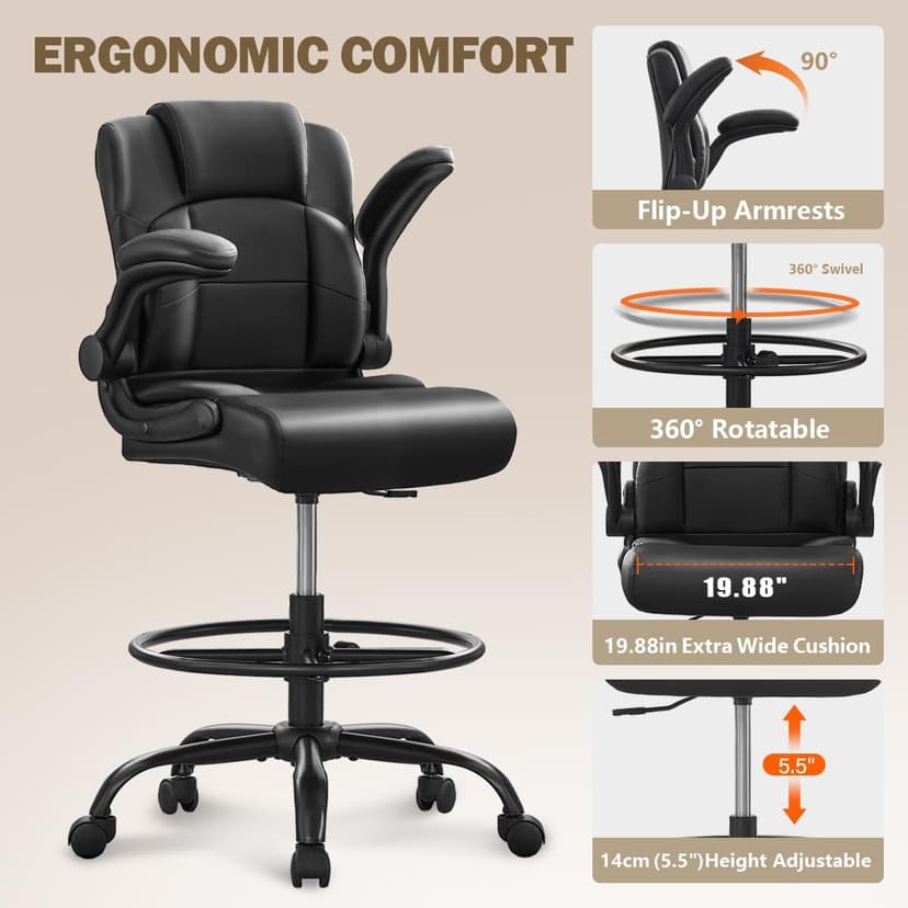 Ergonomic Drafting Chair,Tall Office Chair for Standing Desk with Flip-Up Armrests,Adjustable Foot Ring & Height, High Leather Executive Office Chair for Home,Drawing or Counter Height Use