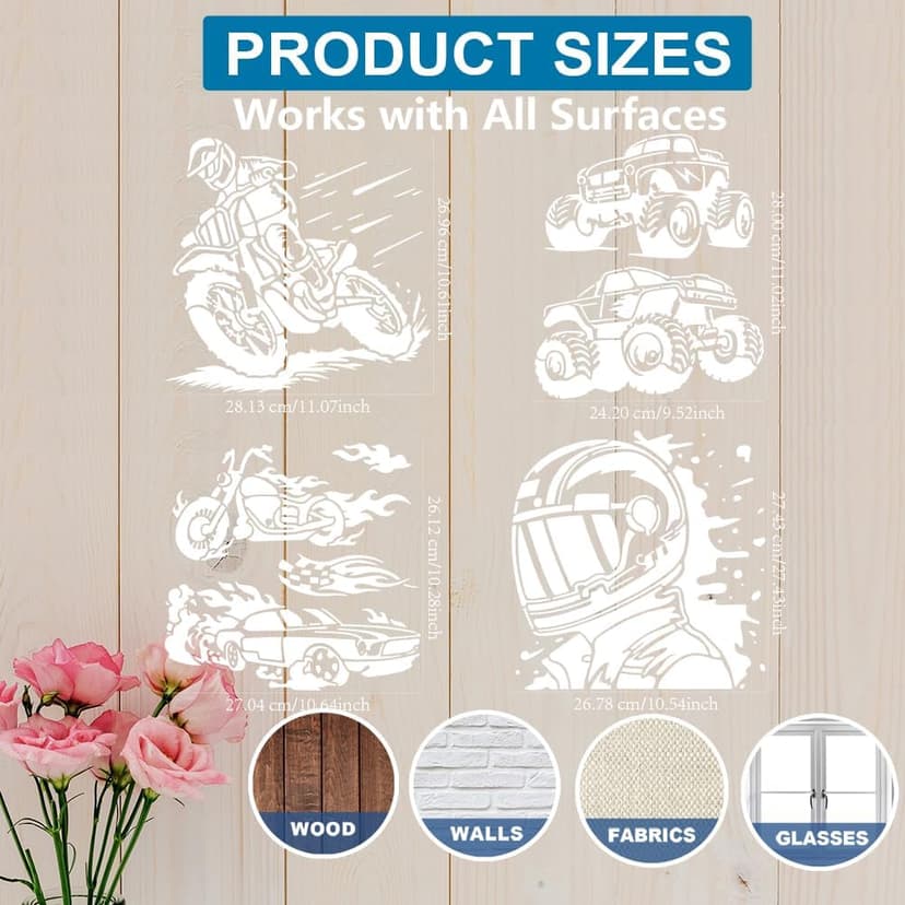 MAYJOYDIY 4Pcs Motorcycle Racing Stencil 11.8x11.8inches Reusable Racer Helmet Race Stencils Big Tires Off-Road Vehicle Drawing Templates Car Racing Flag Template for Painting on Wood Wall Decor