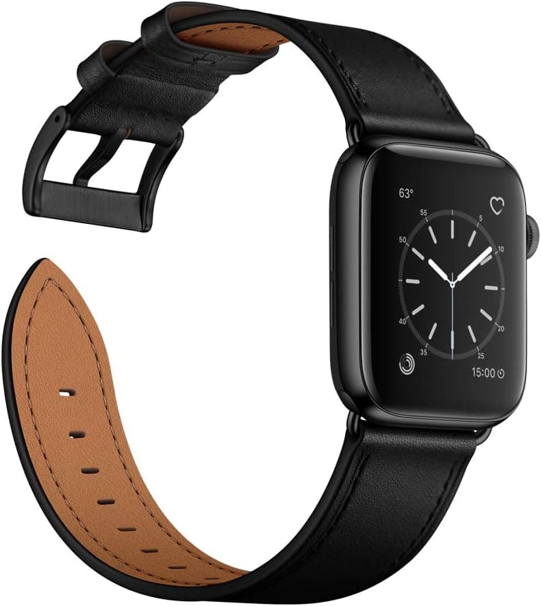 OUHENG Leather Bands Compatible with Apple Watch Band 49mm/46mm/45mm/44mm/42mm, Genuine Leather Strap Compatible with iWatch Ultra 3/2/1 & Series 11/10/9/8/7/6/5/4/3/2/1 & SE3 SE2 SE, Black/Black