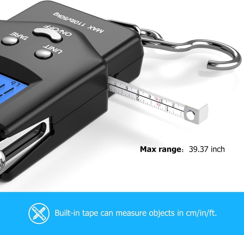 Fish Scale Luggage Scale Fishing Gear - 110lb Backlit LCD Display Digital Scale with Built-in Measuring Tape - Fishing Scale with 2 AAA Batteries, Pocket Size - Fishing Gifts for Men