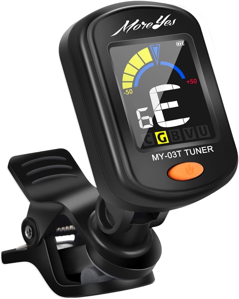 MOREYES Rechargeable Guitar Tuner Clip On with 28Pcs Guitar Picks, Guitar Tuner for Acoustic Guitar, Electric Guitar, Bass, Ukulele & Chromatic Tuning Modes, Full Color Display