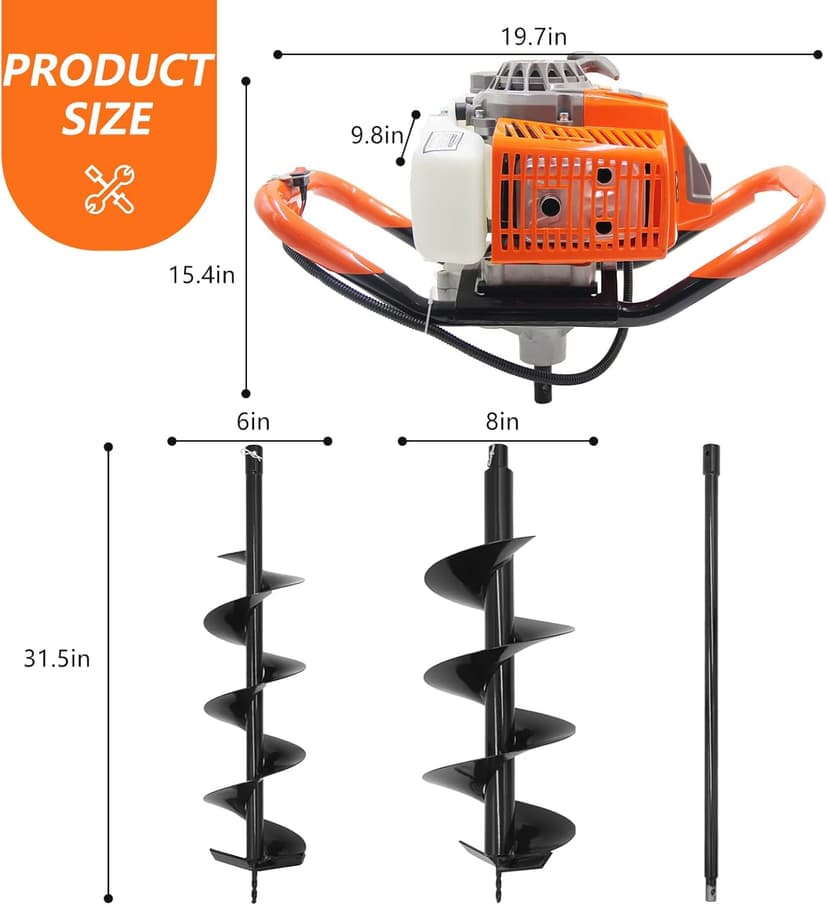 72CC Auger Post Hole Digger, 2 Stroke Gas Powered Earth Post Hole Digger with 2 Auger Drill Bits(6" & 8") + 1 Extension Rods for Farm Garden Plant, Orange (72CC)