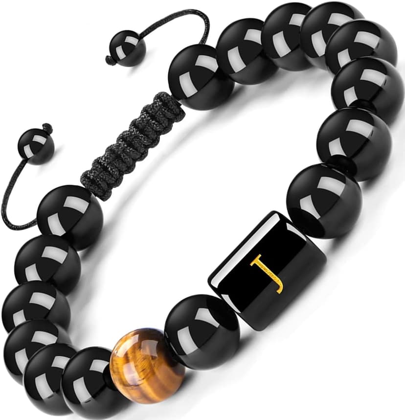 FRG Initials Bracelets for Men Letter Link Handmade Natural Black Onyx Tiger Eye Stone Beads Braided Rope Meaningful Bracelet