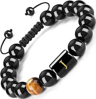 FRG Initials Bracelets for Men Letter Link Handmade Natural Black Onyx Tiger Eye Stone Beads Braided Rope Meaningful Bracelet