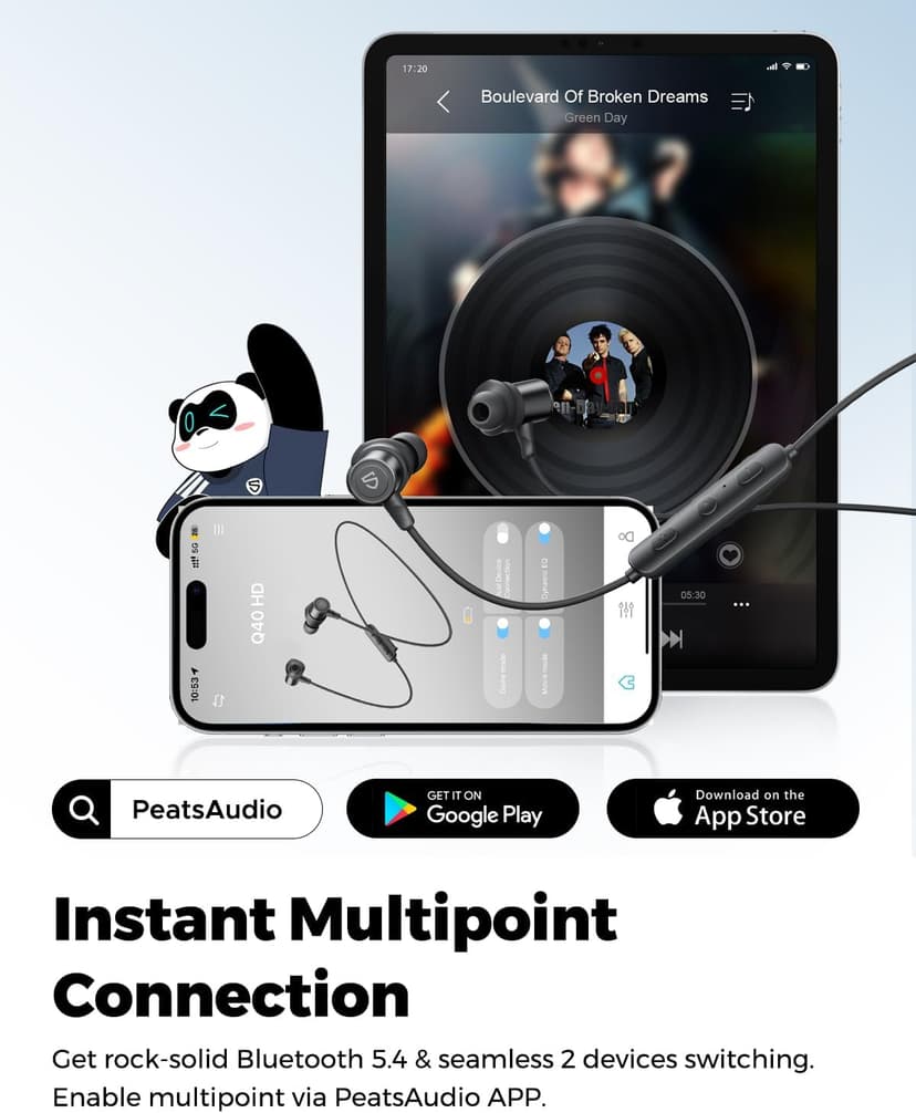 SoundPEATS Q40 HD Sports Neckband Headphones with LDAC Hi-Res Audio & Bluetooth 6.0 Stable Connection, IP67 Waterproof Wireless Earbuds, 20H Playtime for Running Gym, Fast Charge, Dual Pairing